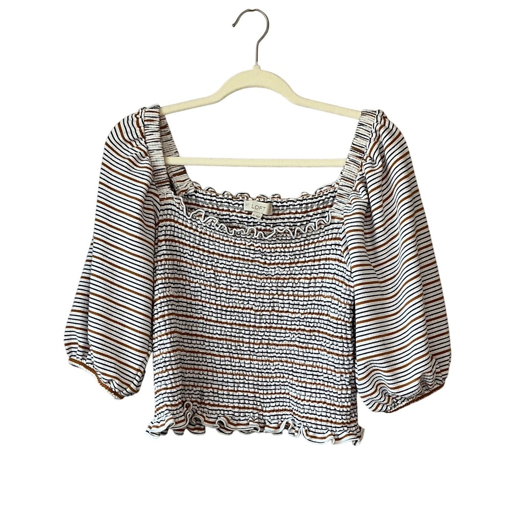 LOFT Womens Smocked Striped Balloon Sleeve Top Square Neck White Blue Curry M